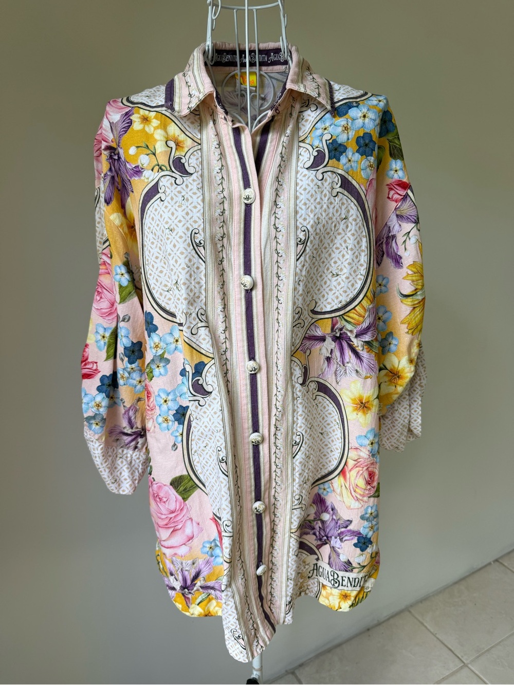 Agua Bendita Chrissy Dreamin Floral Linen Blend Button Down Shirt Size S - Picture 3 of 11